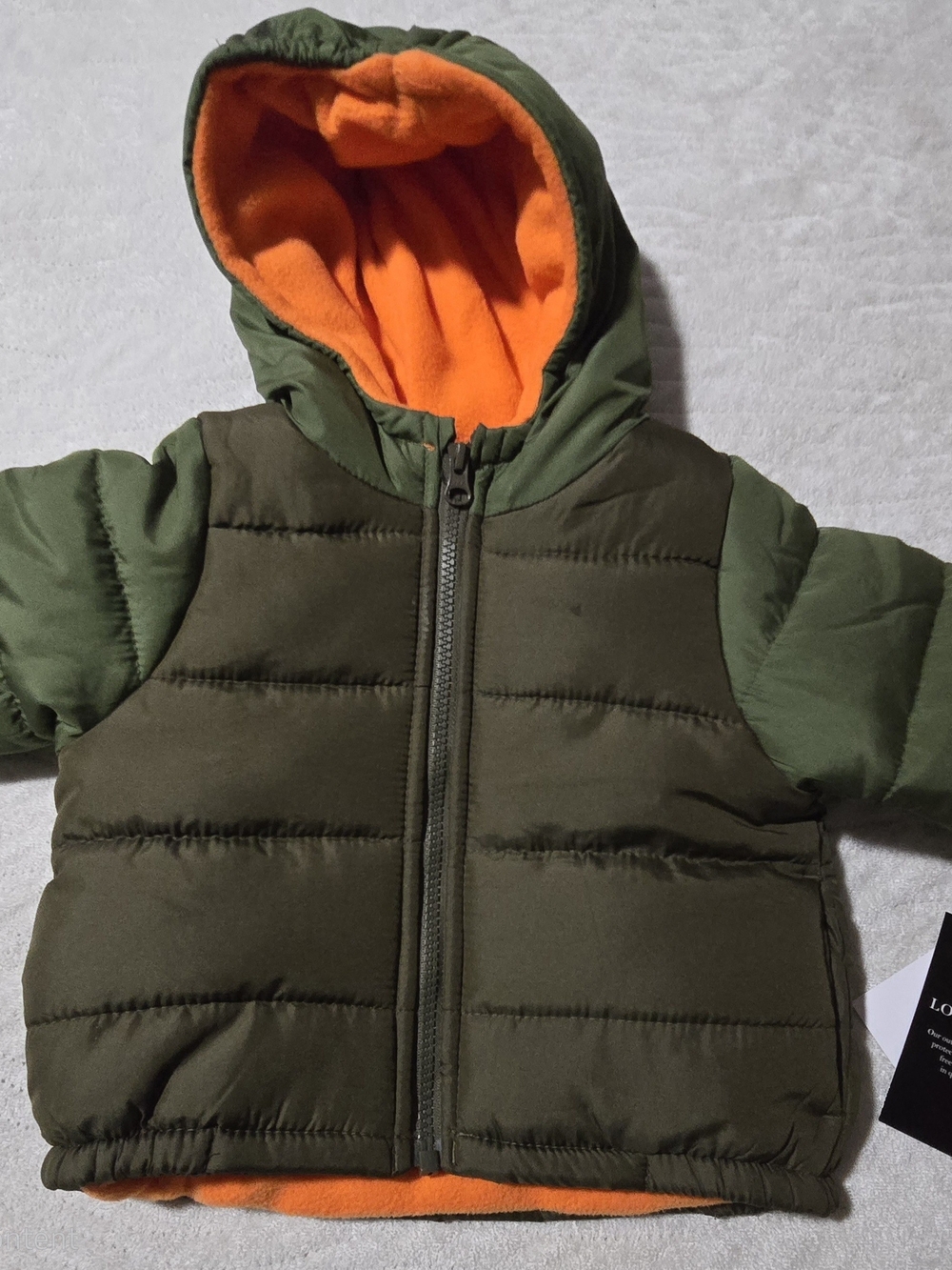 London Fog Olive Green Puffer Jacket with Orange Fleece Lining